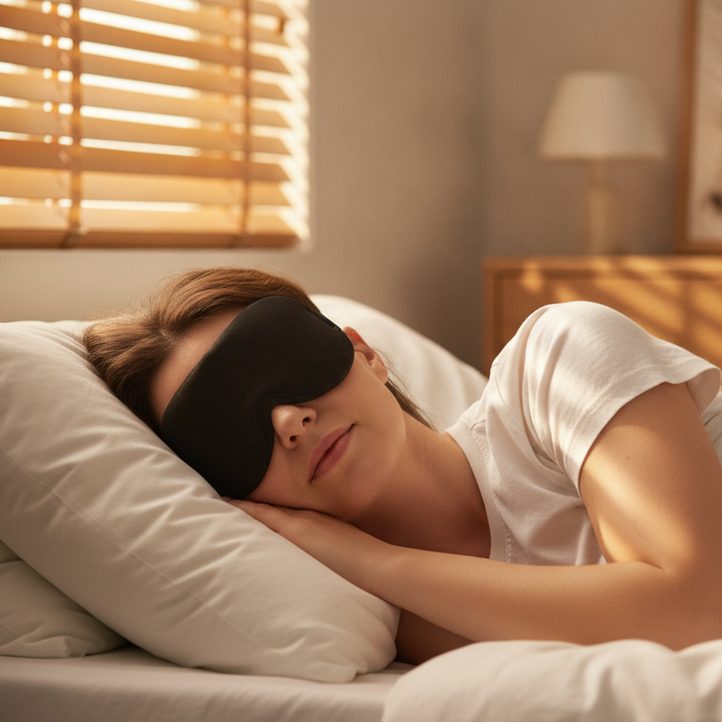 Kvinna sover på sidan med Natta sovmask
