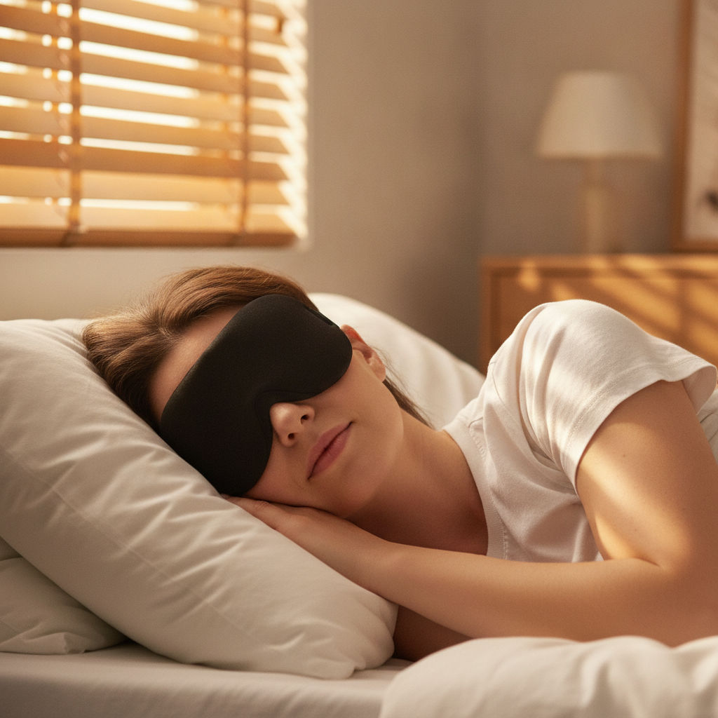 Kvinna sover på sidan med Natta sovmask i gryningsljus